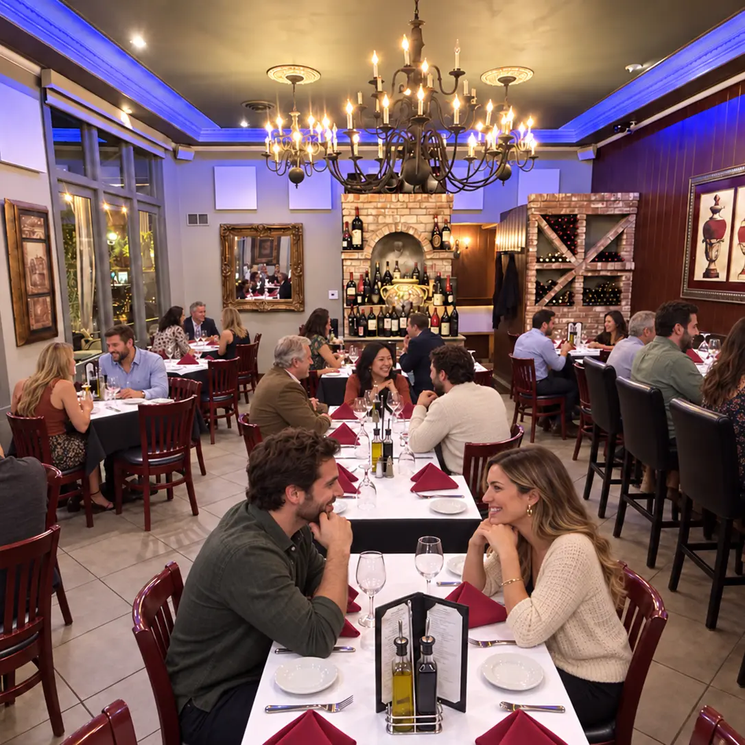 The dining room at Baci Bistro & Bar, full for dinner beneath the chandelier