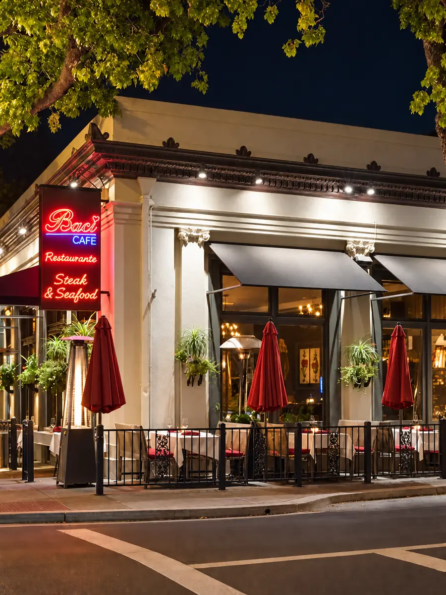 Baci Bistro & Bar storefront on Main Street, Pleasanton